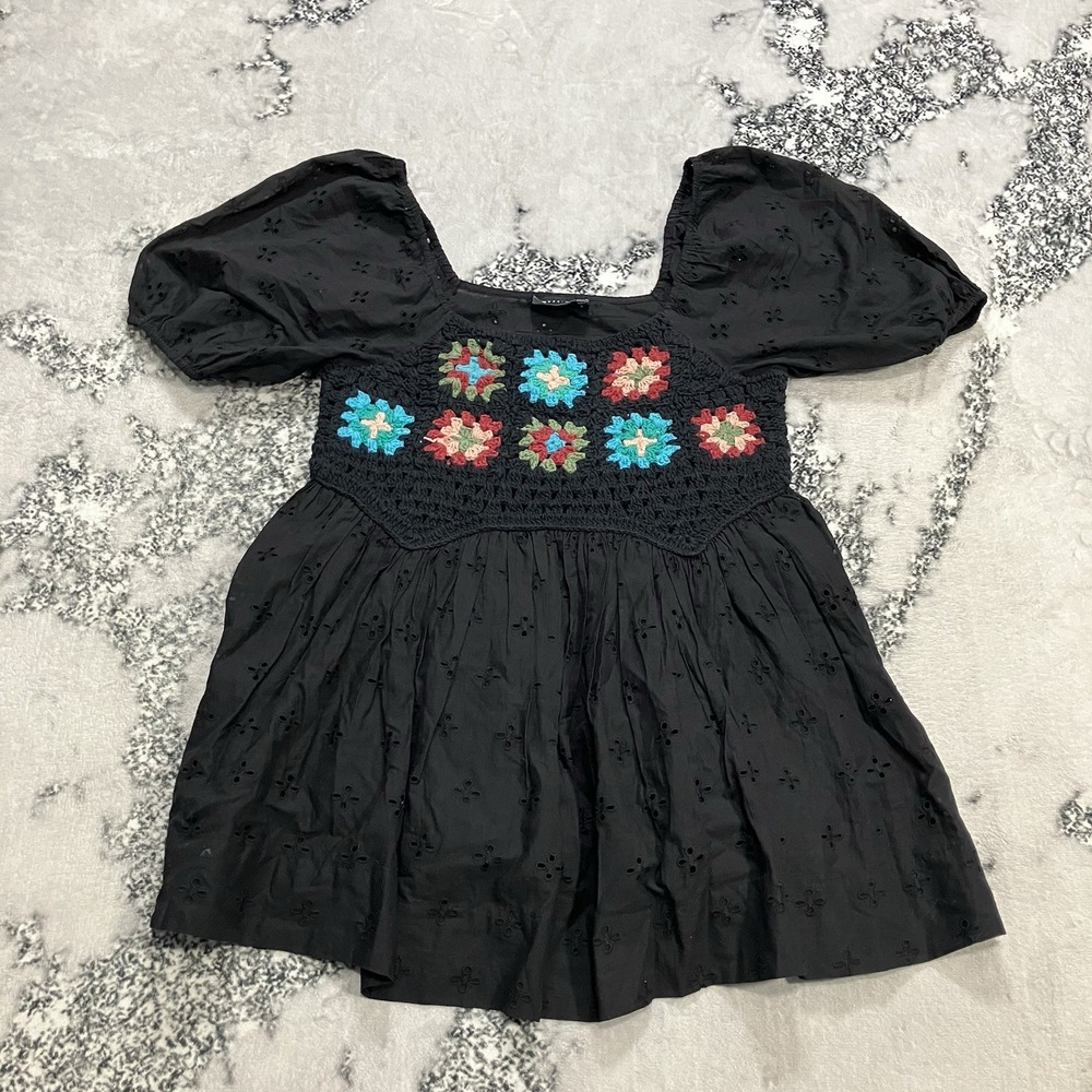 ASOS DESIGN Black‎ Eyelet Puff Sleeve Babydoll Top Crochet Granny Square US 0
